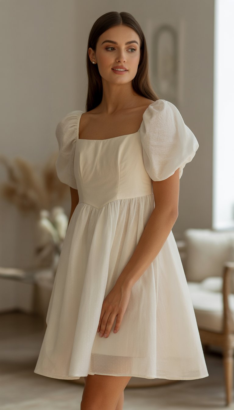 A woman standing indoors wearing a short wedding dress with puffed shoulders in a softly lit room.